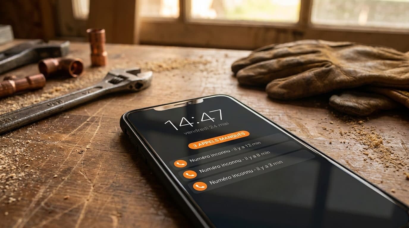 Téléphone d'artisan sur un établi affichant 3 appels manqués pendant que le plombier est en intervention